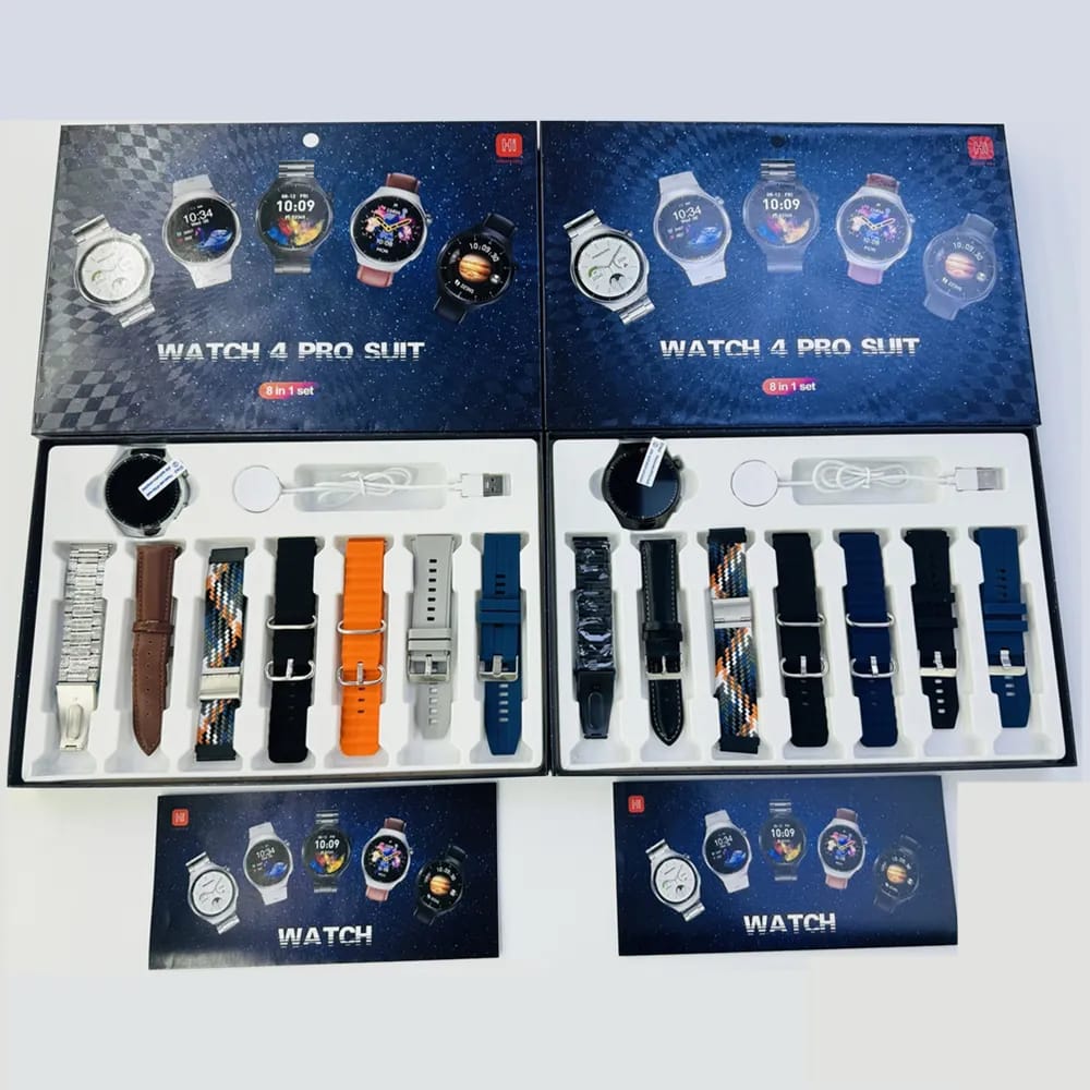 Watch 4 Pro Suit 8-in-1 Smartwatch Set – Full Fitness &amp; Lifestyle Package with Multiple Accessories